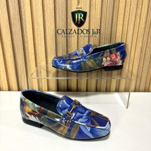 Mocasin alondra cuero flor azul